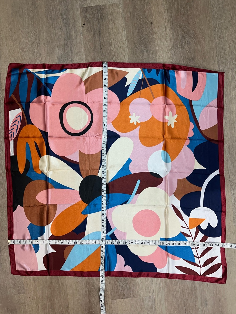 Floral Abstract Silky Scarf in Pink, Blue & Orange 70X70 - Picture 4 of 8